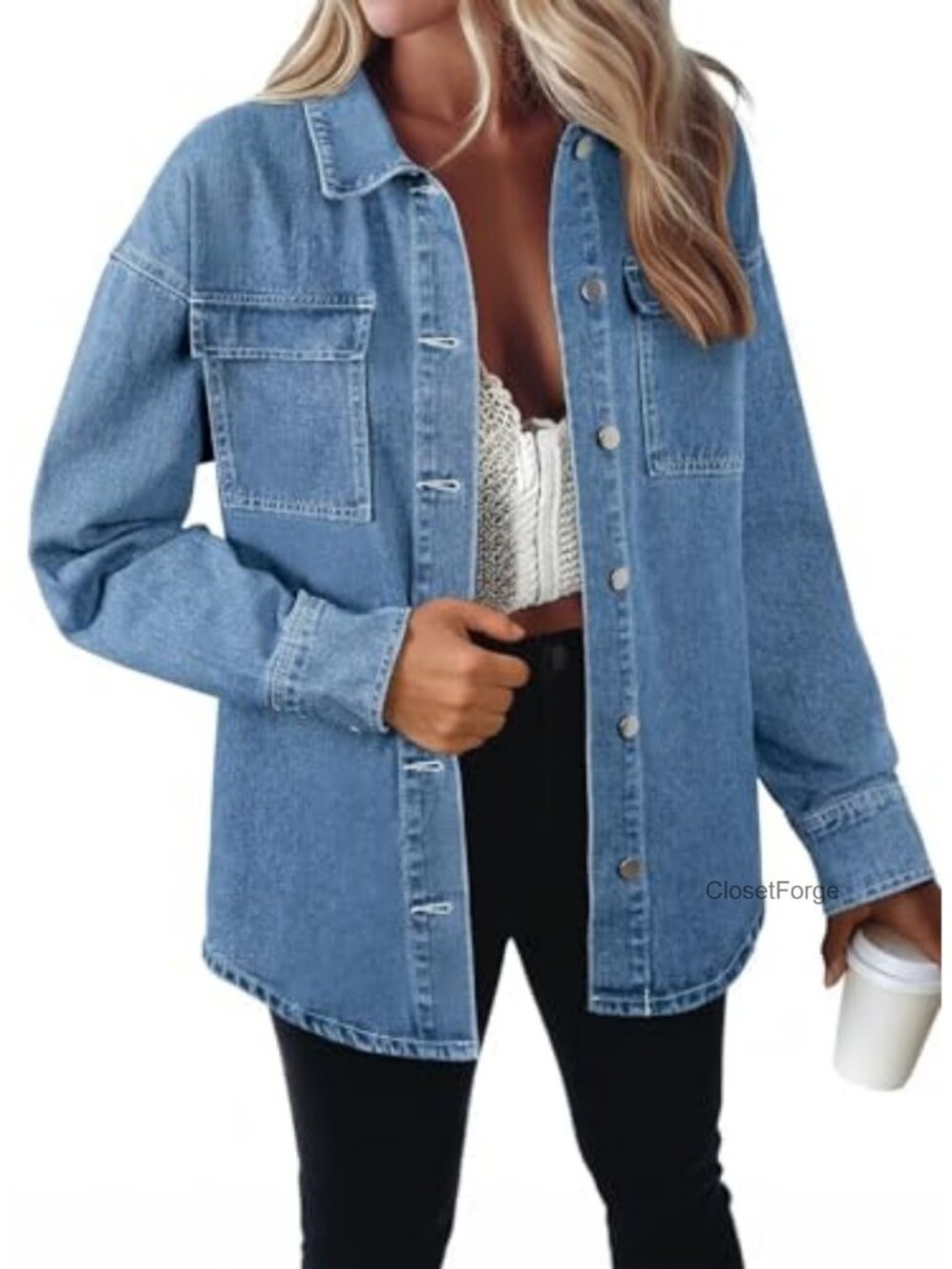 Women's Oversized Denim Button Down Shirt Long Sleeve Casual Top Jacket